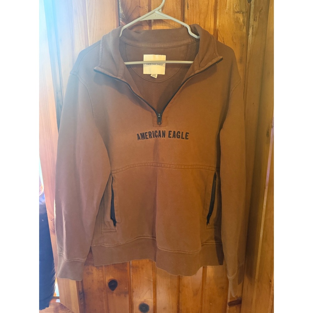 American‎ Eagle Mens Brown Quarter Zip Pullover Sweatshirt With Pockets size M